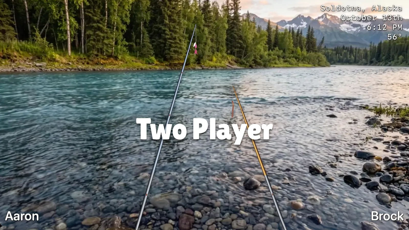 Two player fishing game in split screen on the Kenai River, with two rods side by side